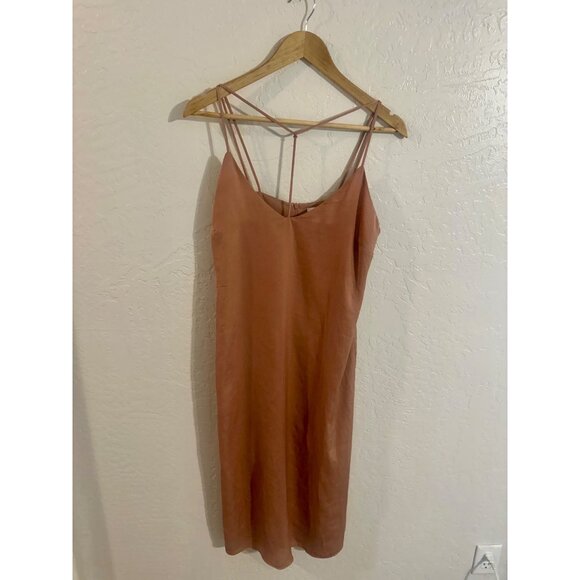 NWT Leith Champagne Bronze T strap V neck Silky Mini Cocktail Dress - Picture 1 of 11
